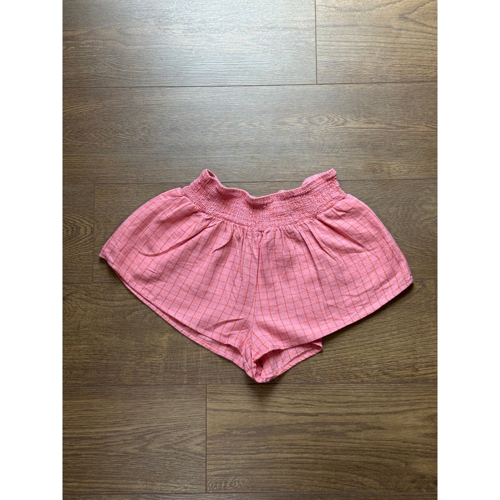 Kimchi Blue Pink Orange Grid Smocked Linen Blend Shorts Small OB2204792